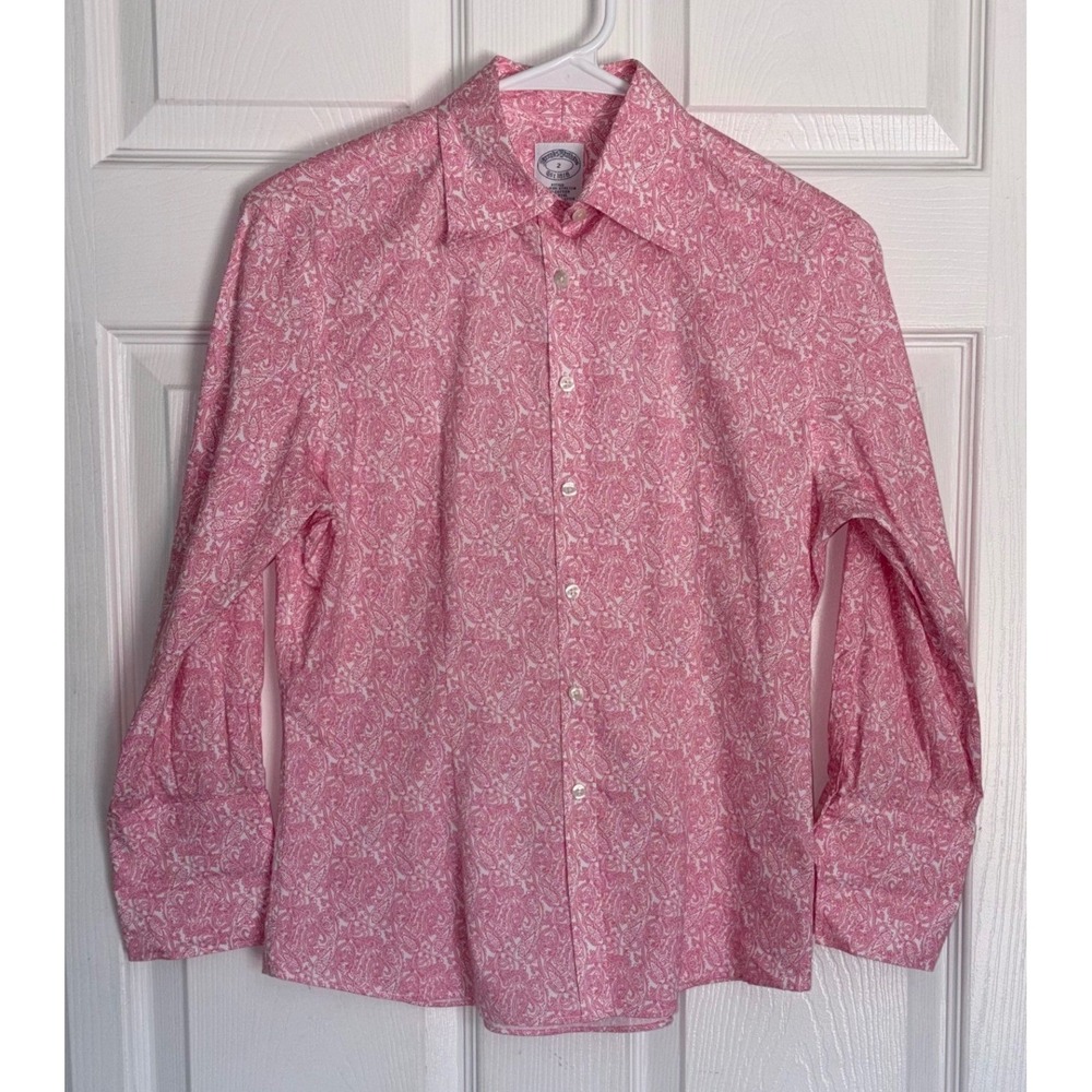 Brooks Brothers Button Down Shirt Sz 2 Pink Paisley Non-Iron 3/4 Sleeve‎